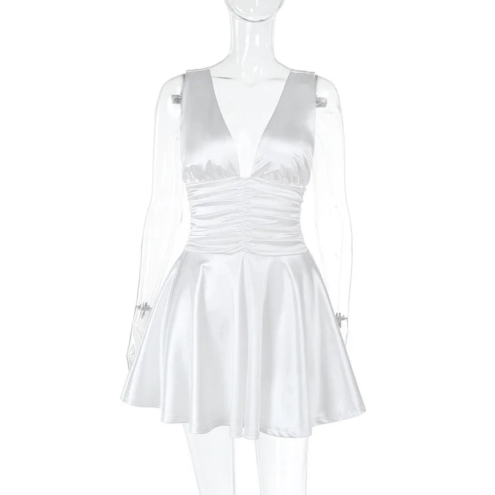 Satin mini dress with ruching and tie design on the straps - Celia