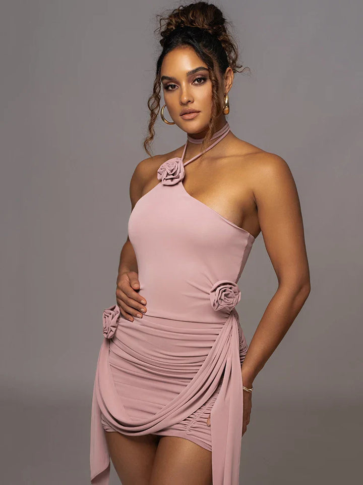 Ruched mini dress with neck tie and floral appliqué - Jasmina