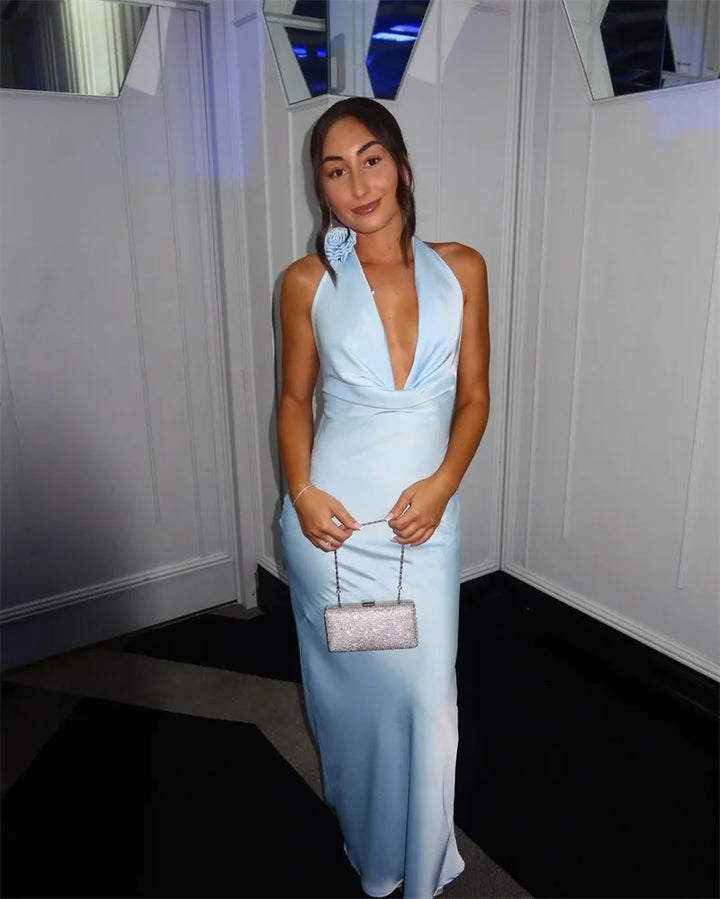 Satin Maxi Dress with Open Back and Draped Collar - Paula