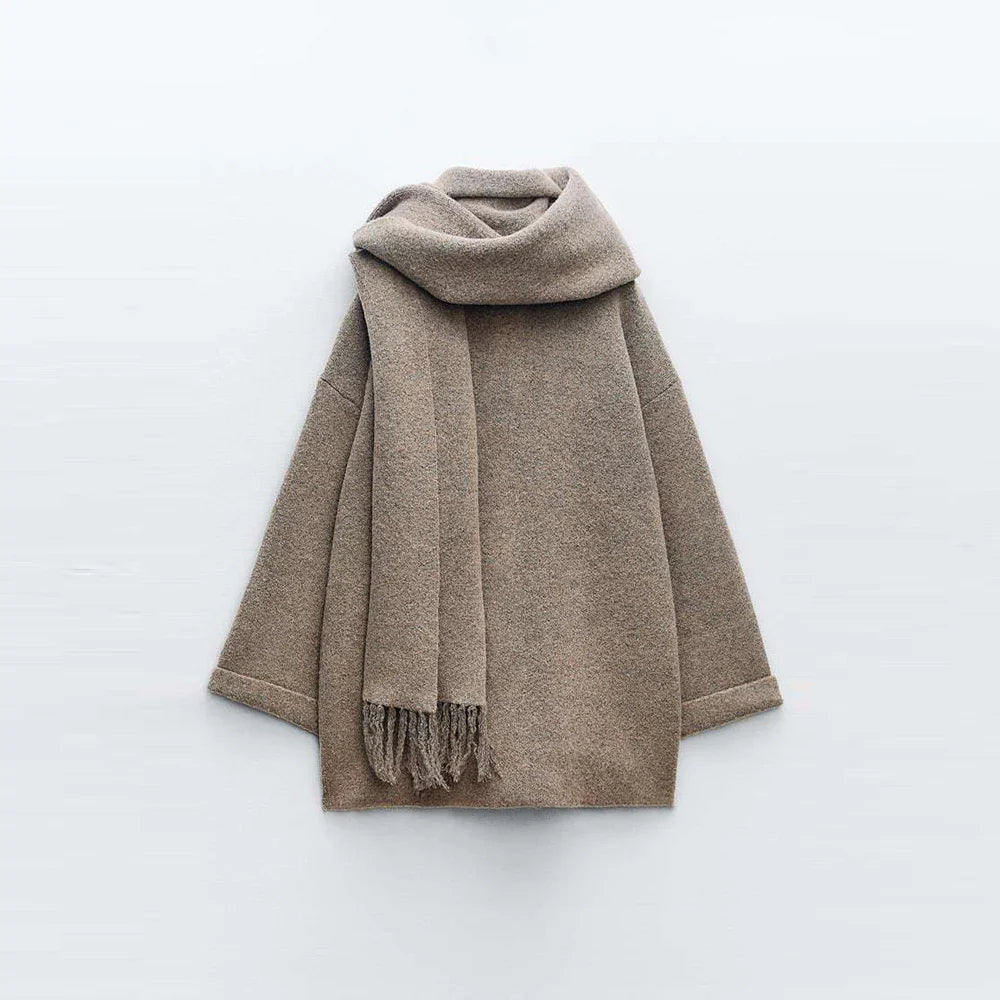 Wool Coat with Scarf Design, Button and Pocket Details - Lorenzo