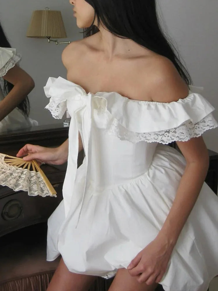 Rustic off-shoulder mini dress with lace decoration - Lali