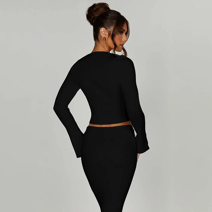 Knitted two-piece set: button-up shirt and fitted maxi skirt - MARIEL