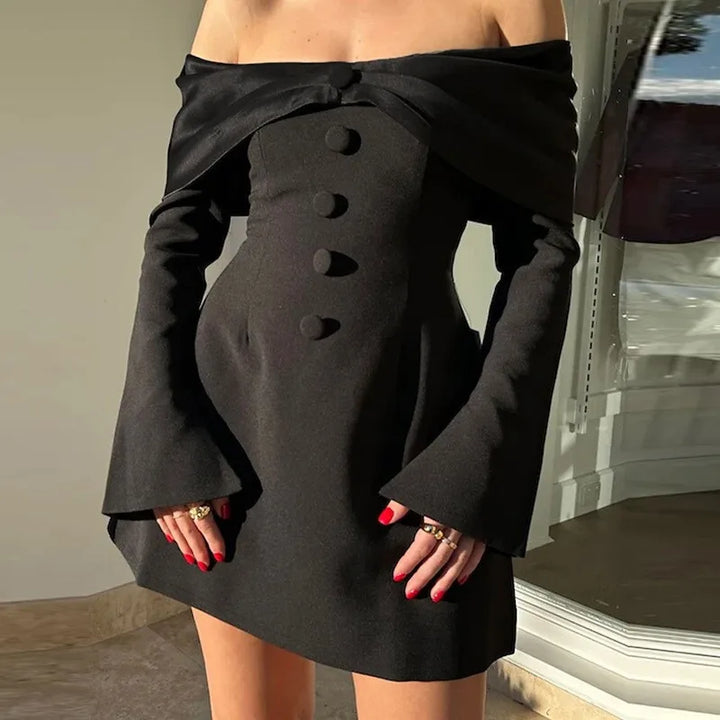 Mini A-line dress with off-shoulder and button decoration - Milian