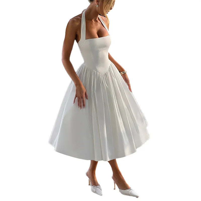 A-line midi dress with open back and neck tie - Angie