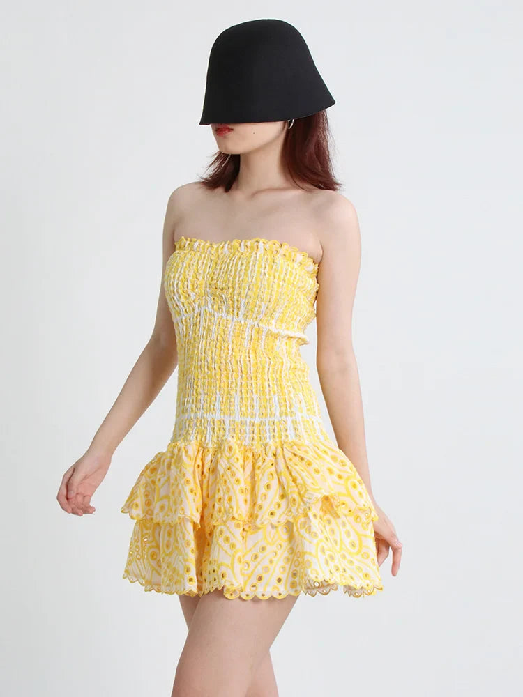 Strapless Mini Dress with Ruching and Ruffle - Diane