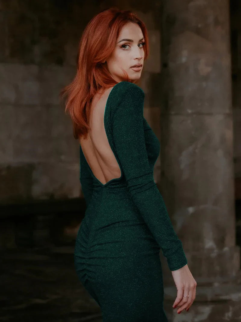 Fitted Midi Sequin Dress with Open Back - Rosemary