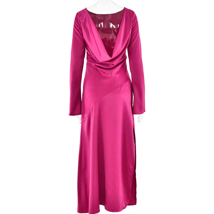 Maxi satin evening dress with open back, slit, and bell sleeves - Marian