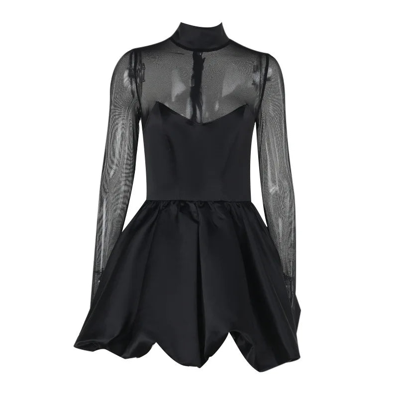 Balloon satin mini dress with mesh and half turtleneck design - Moran