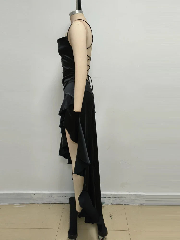 Satin ruffled maxi dress with back ties - Fabiola