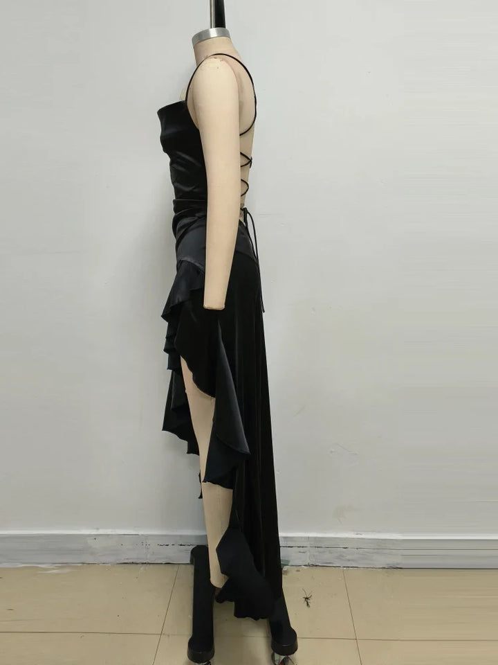 Satin ruffled maxi dress with back ties - Fabiola