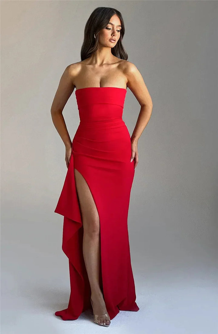 Ruffled strapless maxi dress with deep slit - Molina