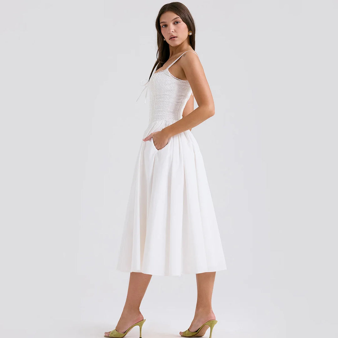 Midi Dress in Country Style with A-Line and Tie Design - SUNRISE