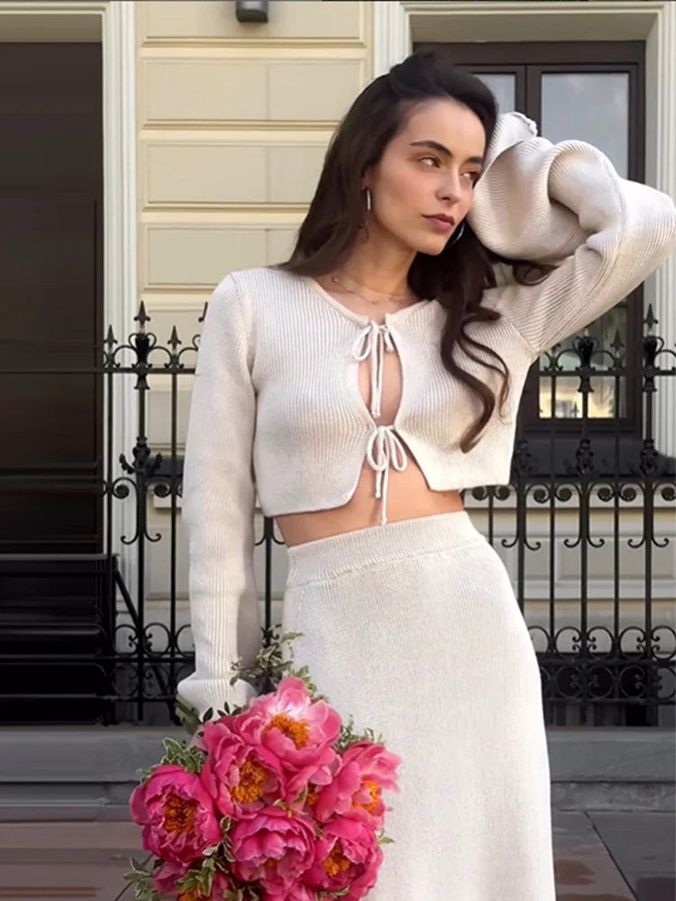 Two-piece knitted set with maxi skirt and tie-up top - Yamit