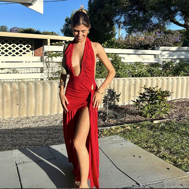 Ruched Maxi Dress with Tie Decoration, Open Back, and Deep V Neckline - Peleg