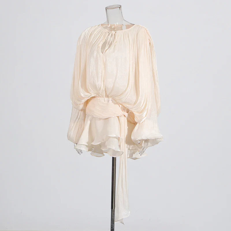 Ruched Mini Dress with Ruffle Detail, Shiny Chiffon Fabric - Lucille