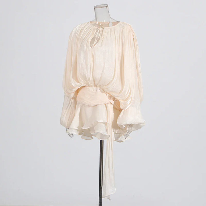 Ruched Mini Dress with Ruffle Detail, Shiny Chiffon Fabric - Lucille