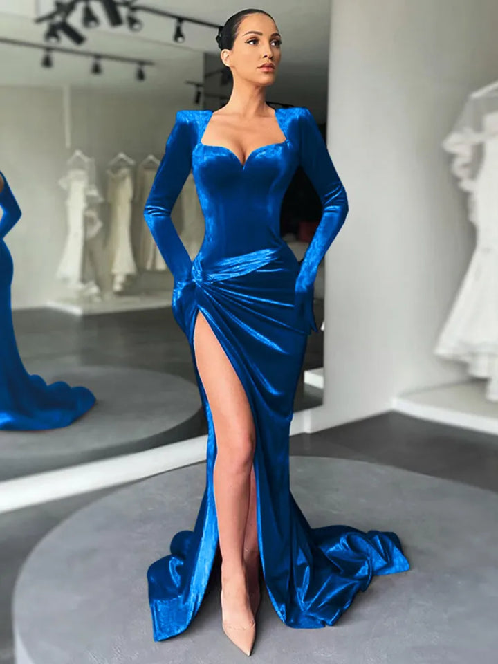 Velvet Evening Dress with Deep Slit and Corset Design - Tatiana