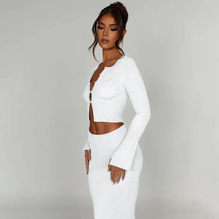 Knitted two-piece set: button-up shirt and fitted maxi skirt - MARIEL
