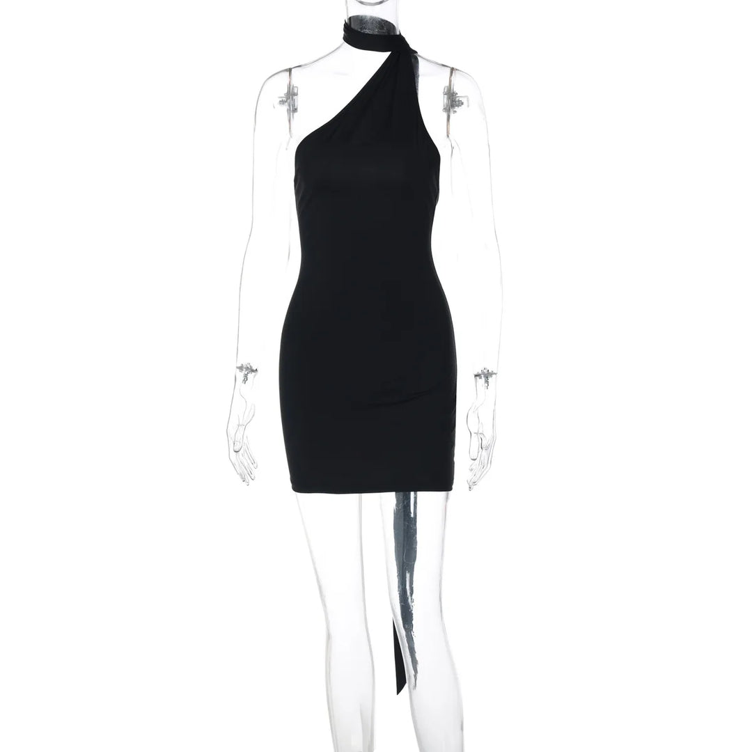 Mini Dress with Open Back, Asymmetric Collar, and Neck Tie Decoration - Rain