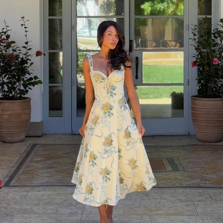 Elegant floral print midi A-line dress - Florine