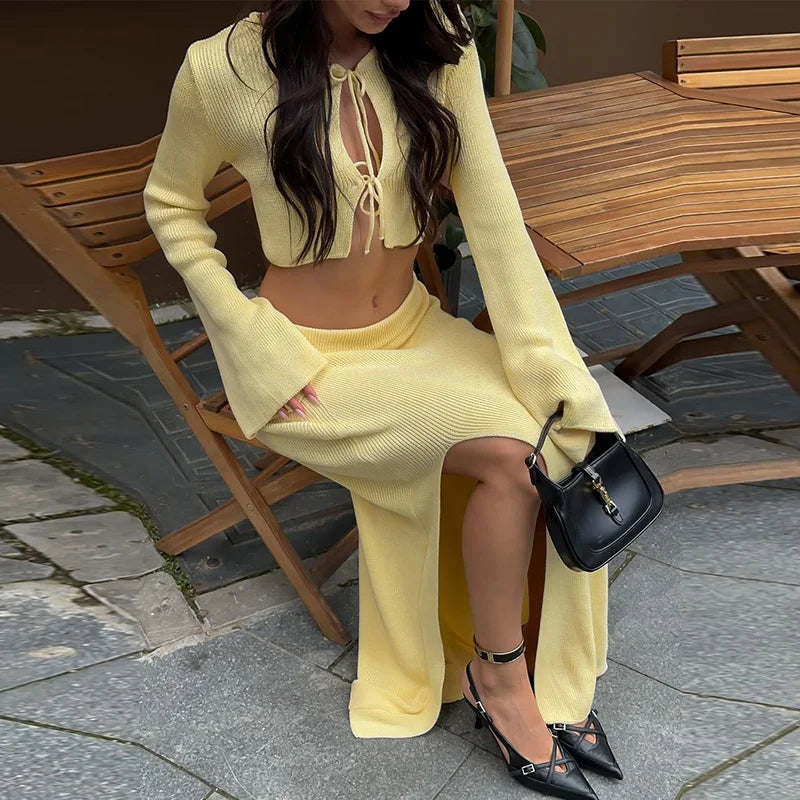 Two-piece knitted set with maxi skirt and tie-up top - Yamit