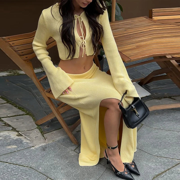 Two-piece knitted set with maxi skirt and tie-up top - Yamit