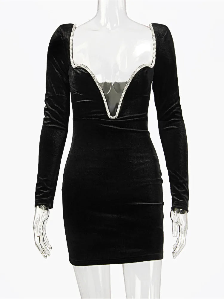 Mini velvet dress with deep V neckline decorated with diamonds - SANA