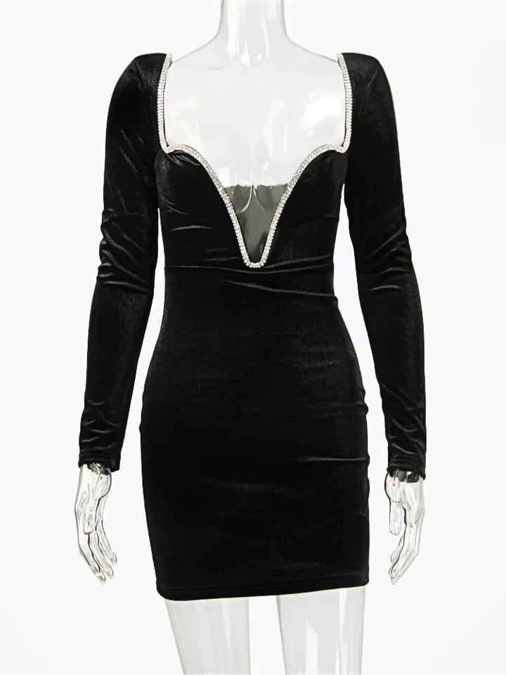 Mini velvet dress with deep V neckline decorated with diamonds - SANA