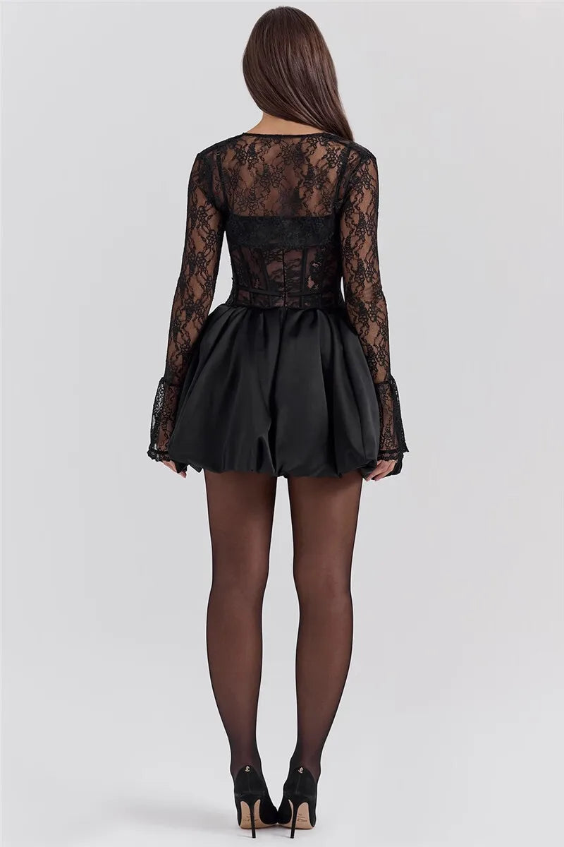 Balloon cut satin mini dress with corset design and lace cap sleeves - Miala