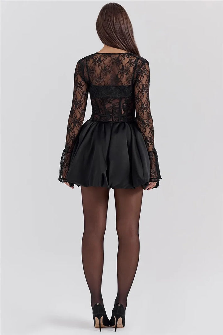 Balloon cut satin mini dress with corset design and lace cap sleeves - Miala