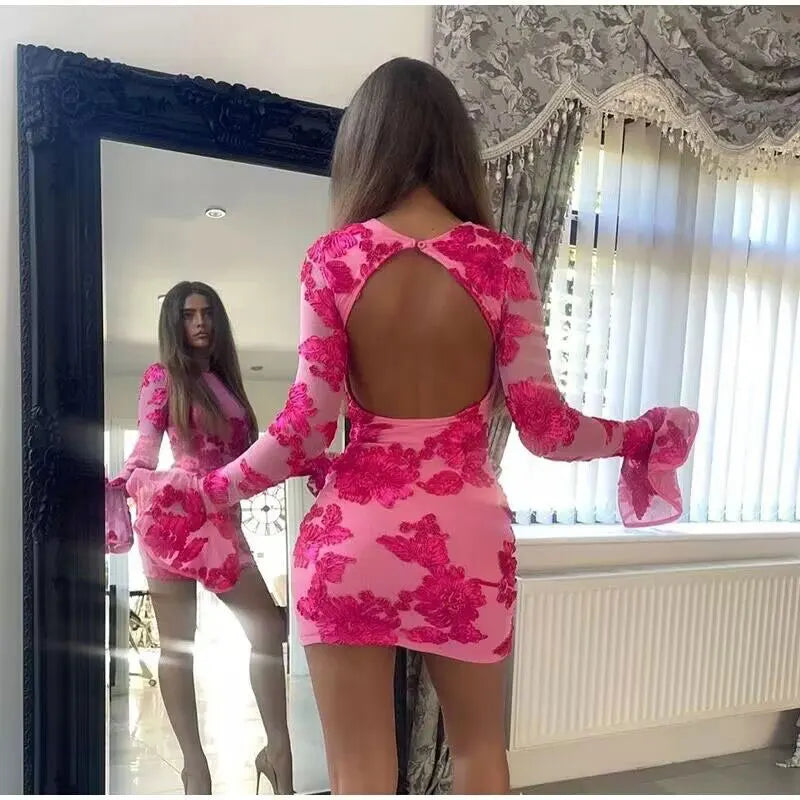 Mini dress decorated with floral embroidery and open back - Michaela