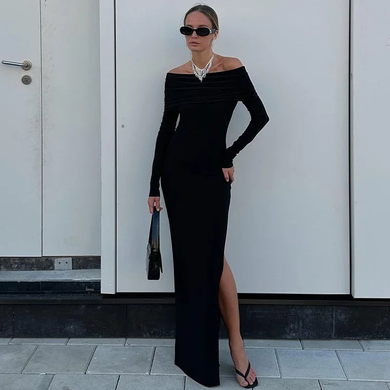 Maxi evening dress with slit and off-the-shoulder design - Natali