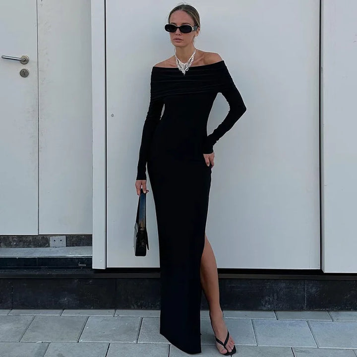 Maxi evening dress with slit and off-the-shoulder design - Natali
