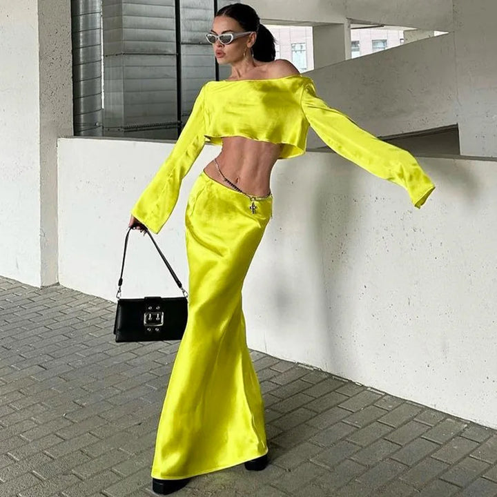 Two-piece satin set with blouse and maxi skirt - Daniela