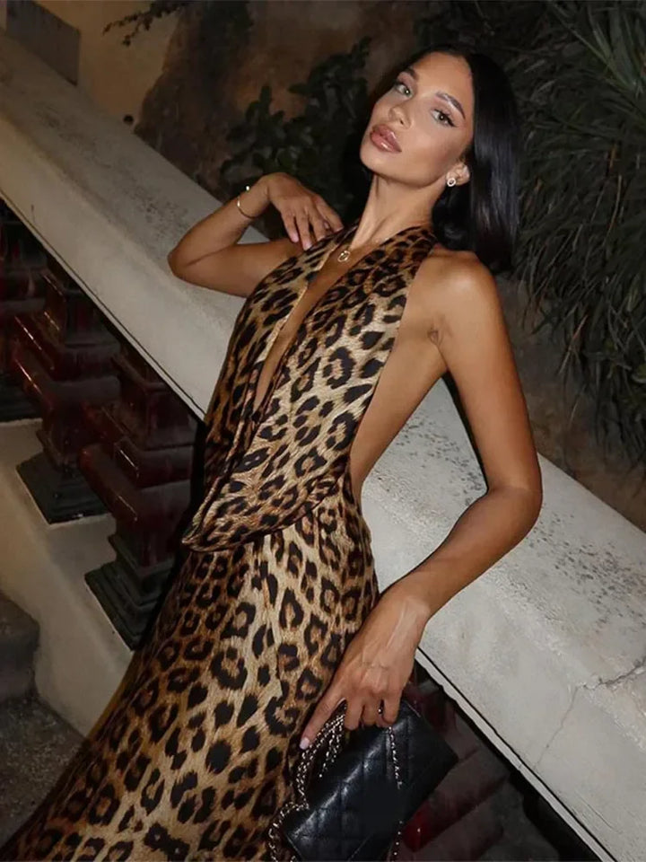 Leopard Satin Maxi Dress with Neck Tie and Draped Collar - Adelyn