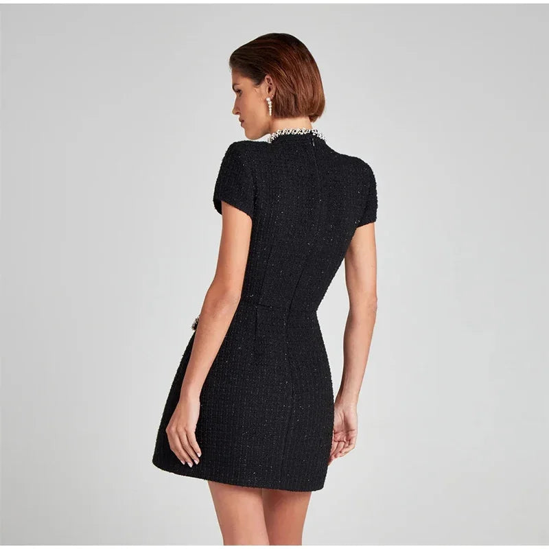 Elegant Mini Dress with Short/Long Sleeves, Tailored Style, Woven Fabric with Sequin and Pearl Embellishment - Lucia