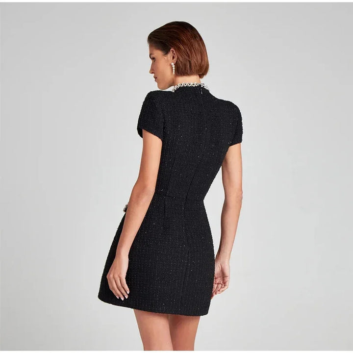 Elegant Mini Dress with Short/Long Sleeves, Tailored Style, Woven Fabric with Sequin and Pearl Embellishment - Lucia
