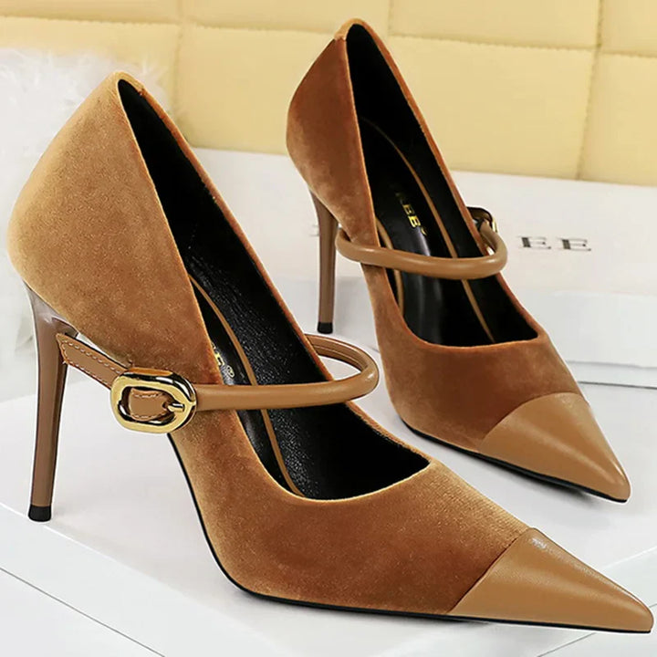 Pointed Heel Shoes with Velvet and Faux Leather Buckle Decoration - Mabel