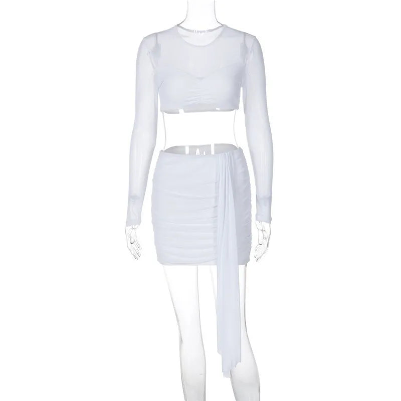 Two-piece set mini ruched skirt with train and mesh top with ruching design - Britney