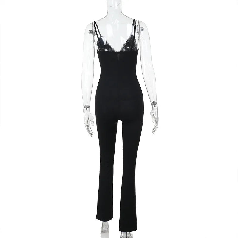 Long pedal-pusher pants jumpsuit with lace trim - Liz