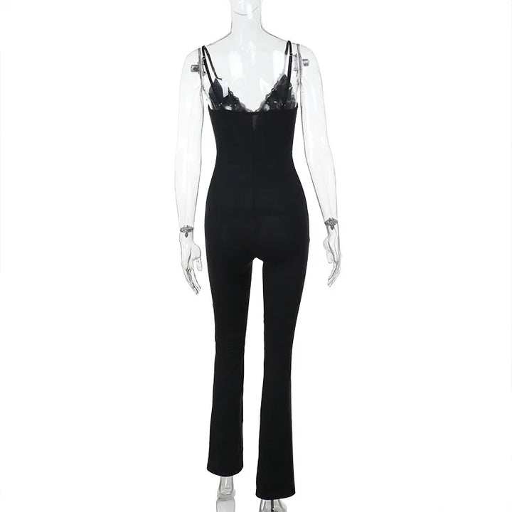 Long pedal-pusher pants jumpsuit with lace trim - Liz