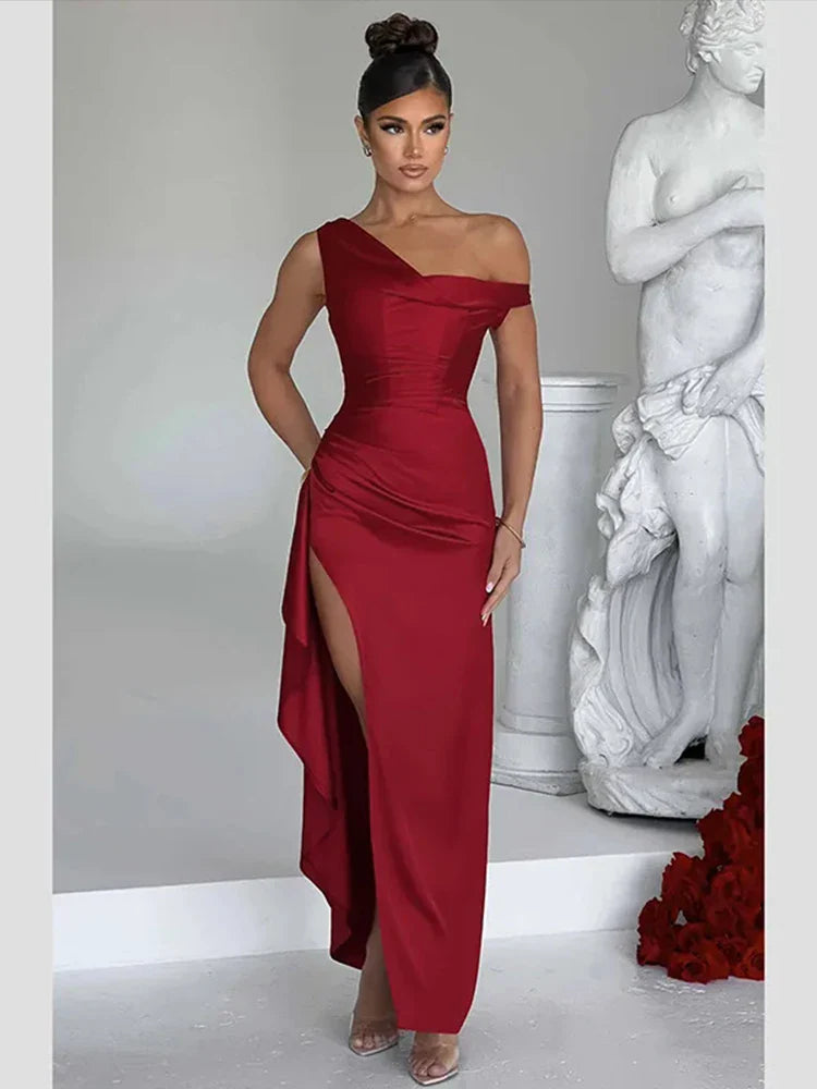 Satin Maxi Dress with Slit and One Shoulder Design - Emiliana