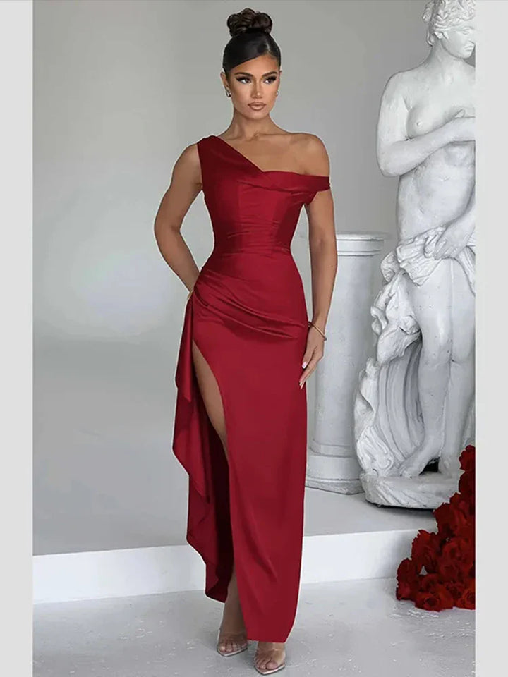 Satin Maxi Dress with Slit and One Shoulder Design - Emiliana
