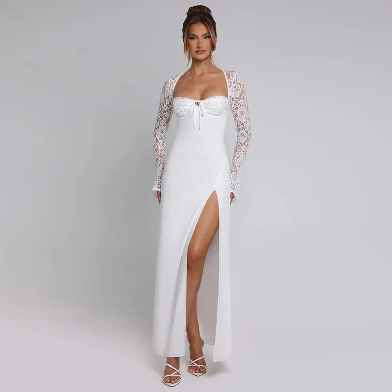 Maxi Dress with Slit and Lace Sleeves - Clarissa