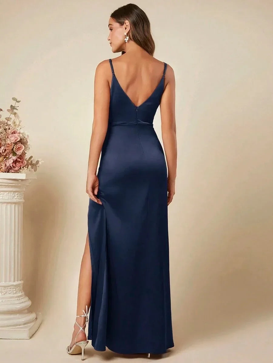 Elegant Maxi Satin Dress with Slit Detail - Reina