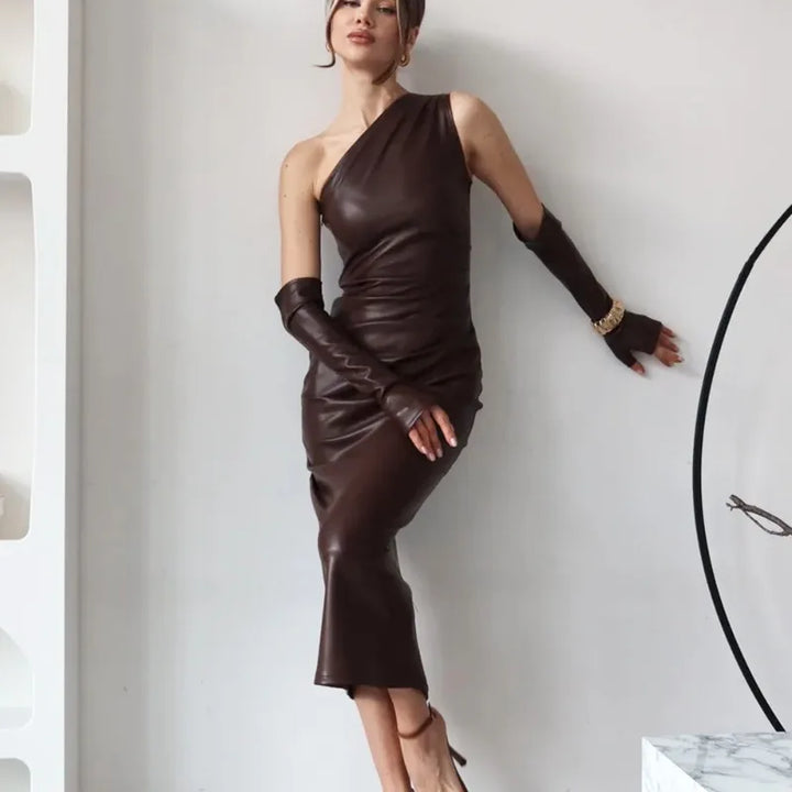 One-Shoulder Faux Leather Maxi Dress with Glove Detail - Thea