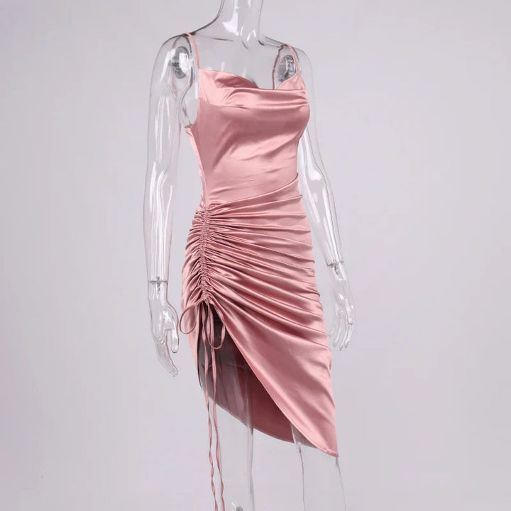 Midi satin dress with ruching - Lis