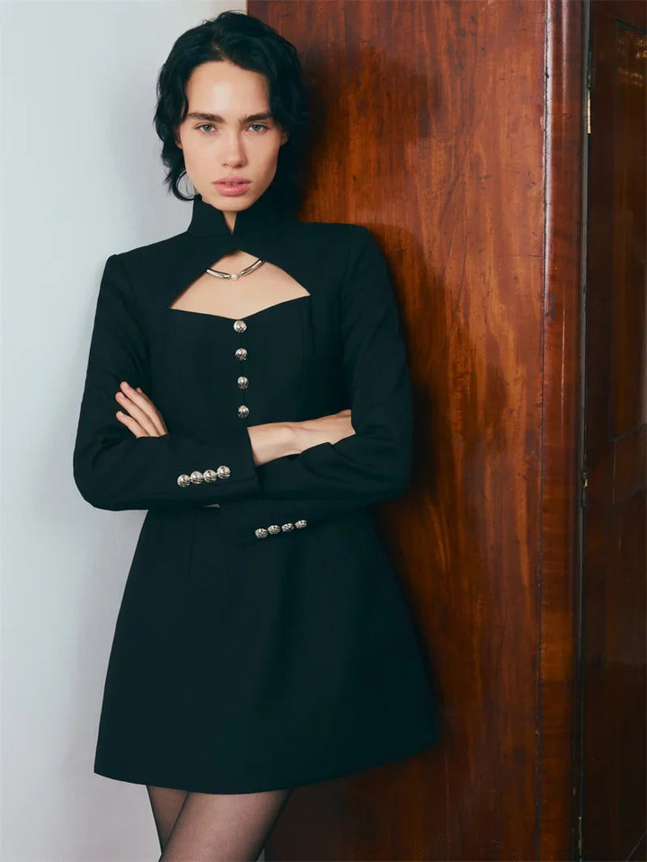 Fitted Mini Dress with Turtleneck and A-Line Cut with Button Decoration - Mary Line