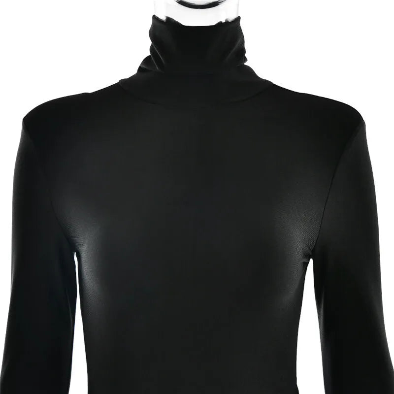Mini turtleneck dress with chiffon ruched bottom, cross cut, and chiffon ruffle decoration - Marina