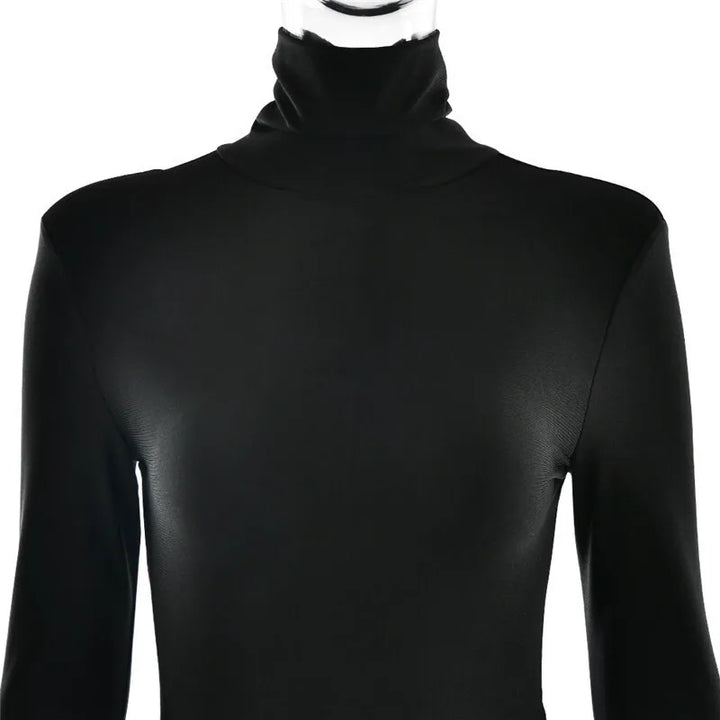 Mini turtleneck dress with chiffon ruched bottom, cross cut, and chiffon ruffle decoration - Marina